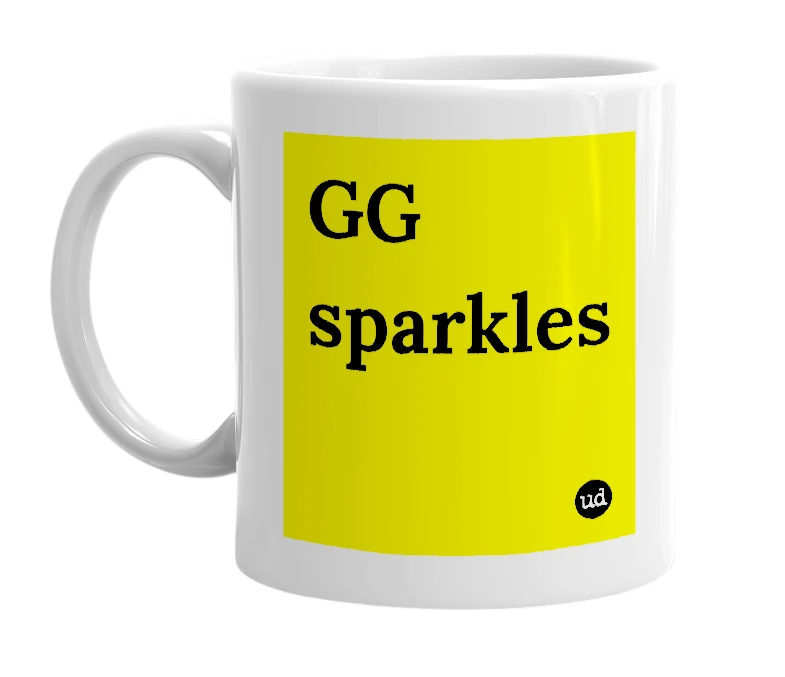 White mug with 'GG sparkles' in bold black letters
