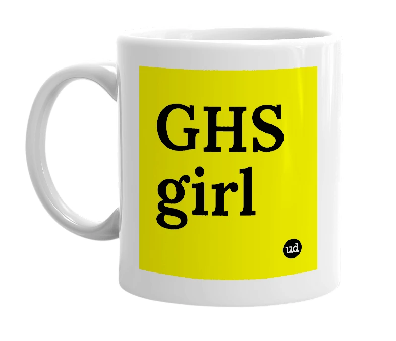 White mug with 'GHS girl' in bold black letters