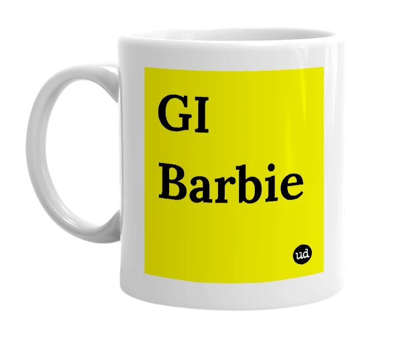 White mug with 'GI Barbie' in bold black letters