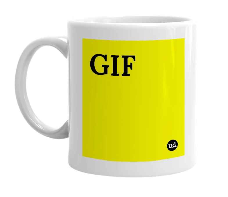 White mug with 'GIF' in bold black letters