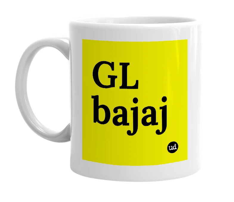 White mug with 'GL bajaj' in bold black letters