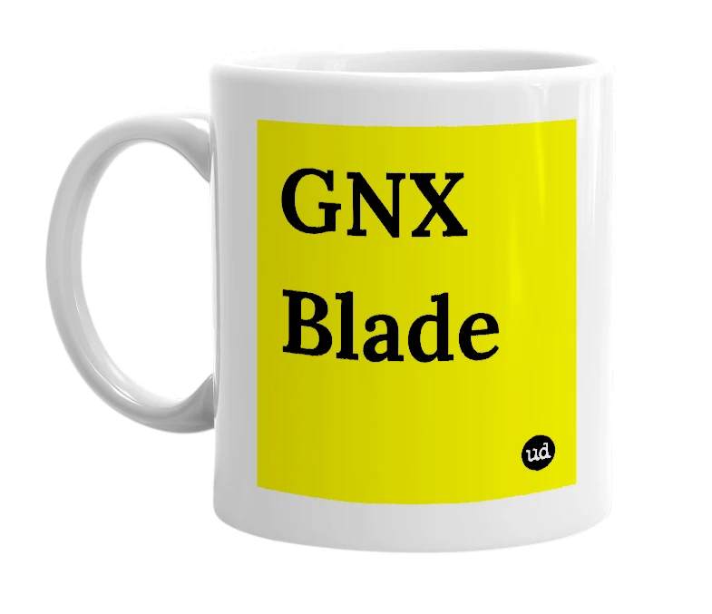 White mug with 'GNX Blade' in bold black letters