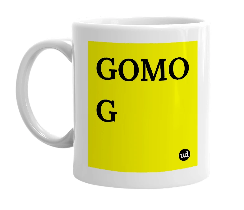 White mug with 'GOMO G' in bold black letters