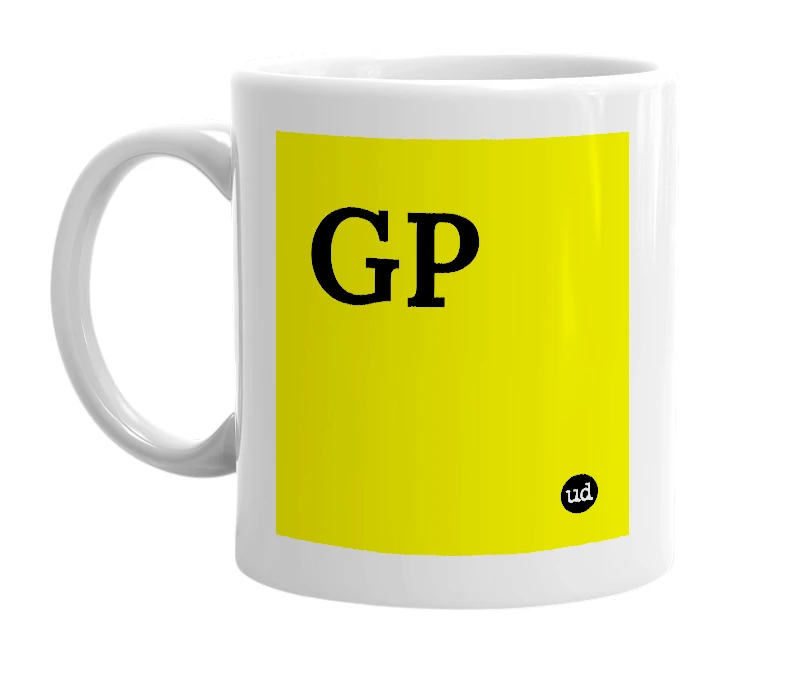 White mug with 'GP' in bold black letters