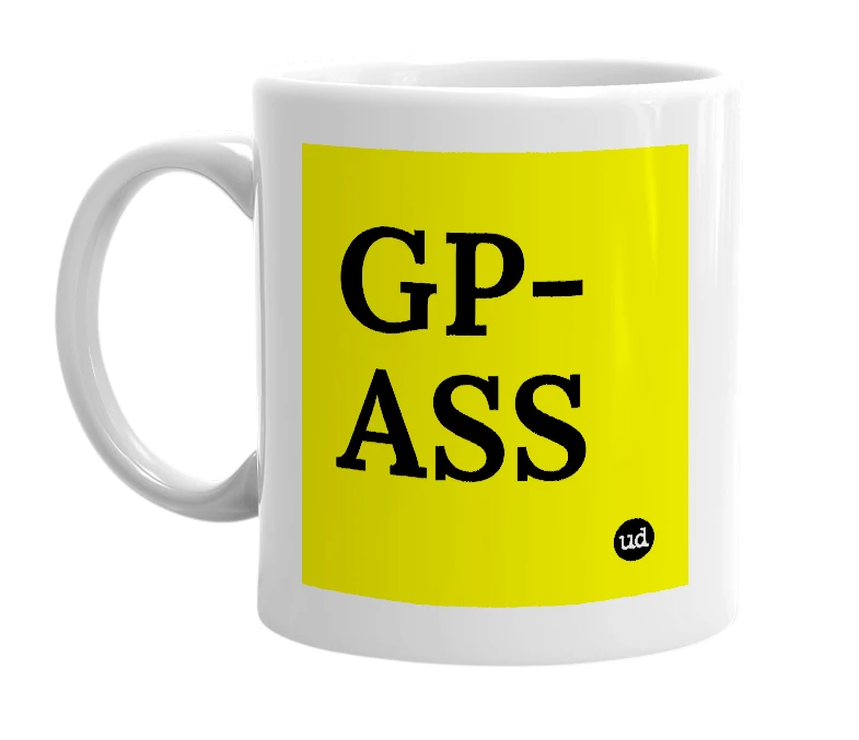 White mug with 'GP-ASS' in bold black letters