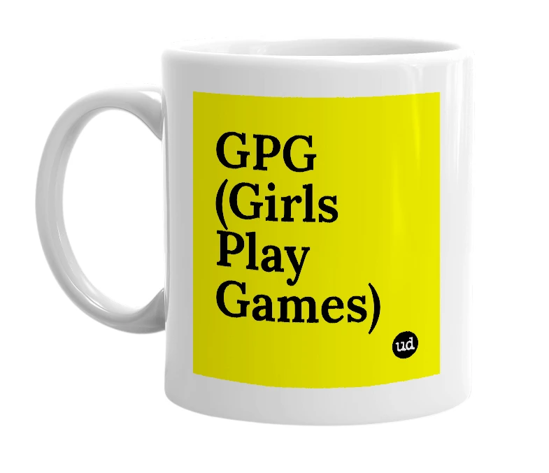 White mug with 'GPG (Girls Play Games)' in bold black letters