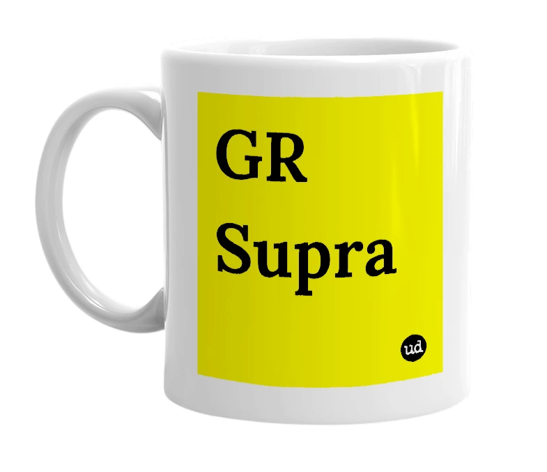 White mug with 'GR Supra' in bold black letters