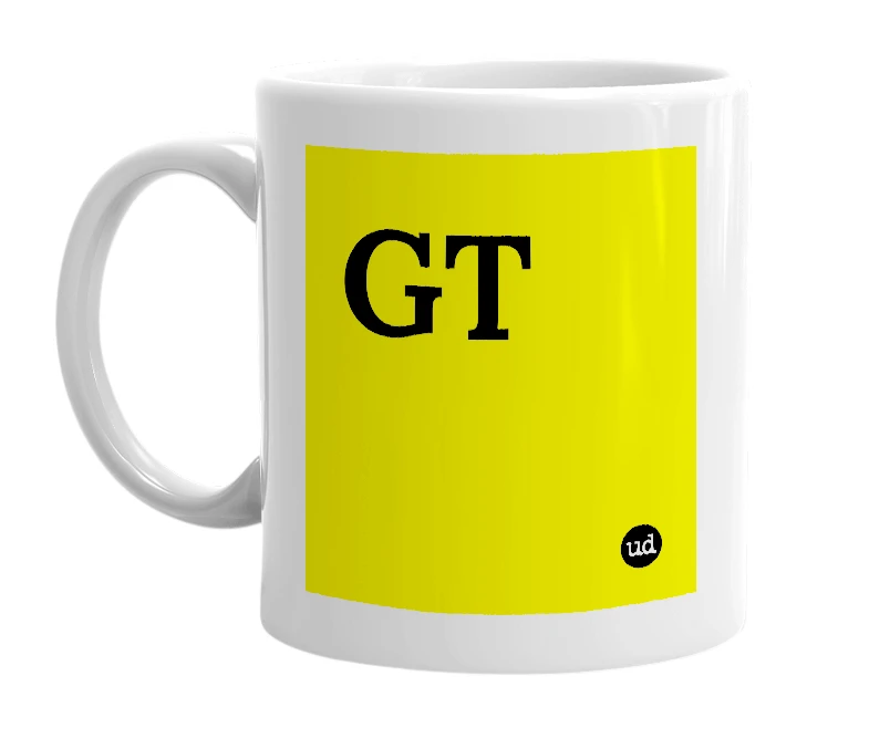 White mug with 'GT' in bold black letters