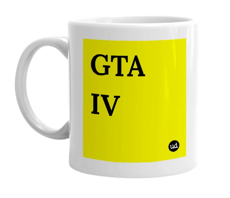 White mug with 'GTA IV' in bold black letters