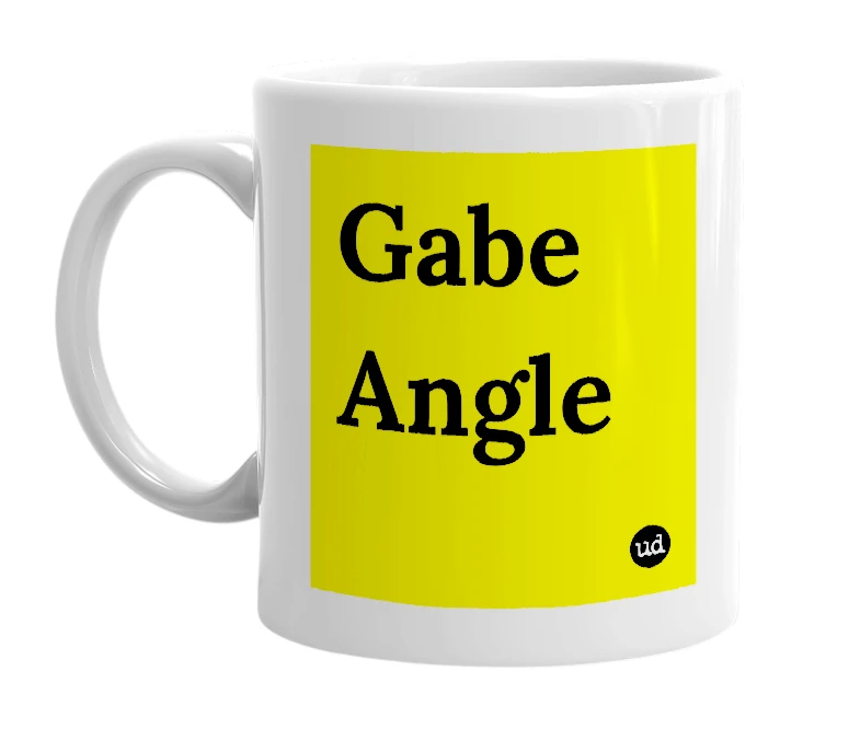 White mug with 'Gabe Angle' in bold black letters
