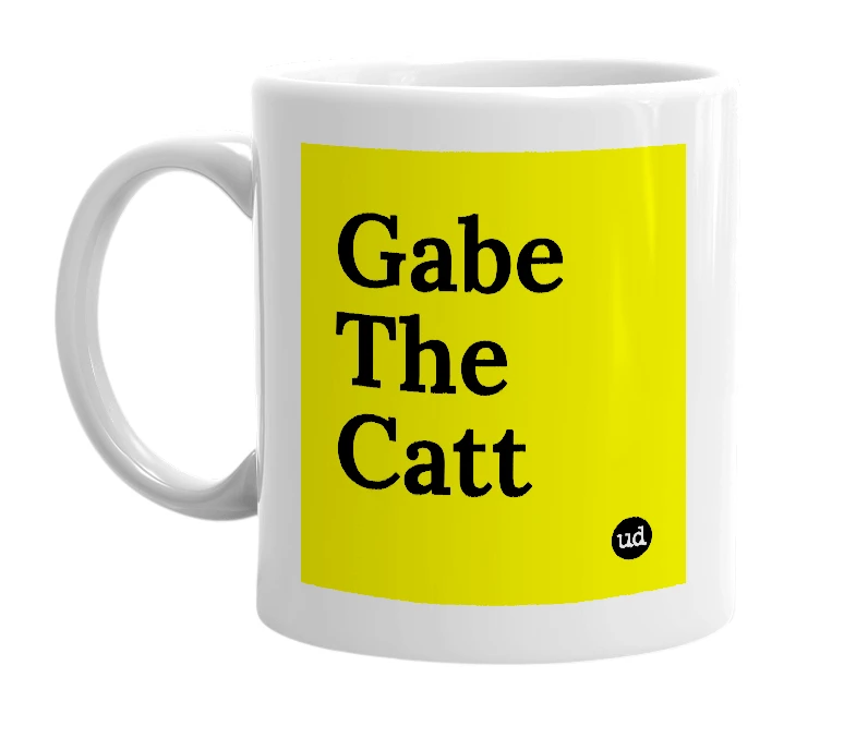 White mug with 'Gabe The Catt' in bold black letters