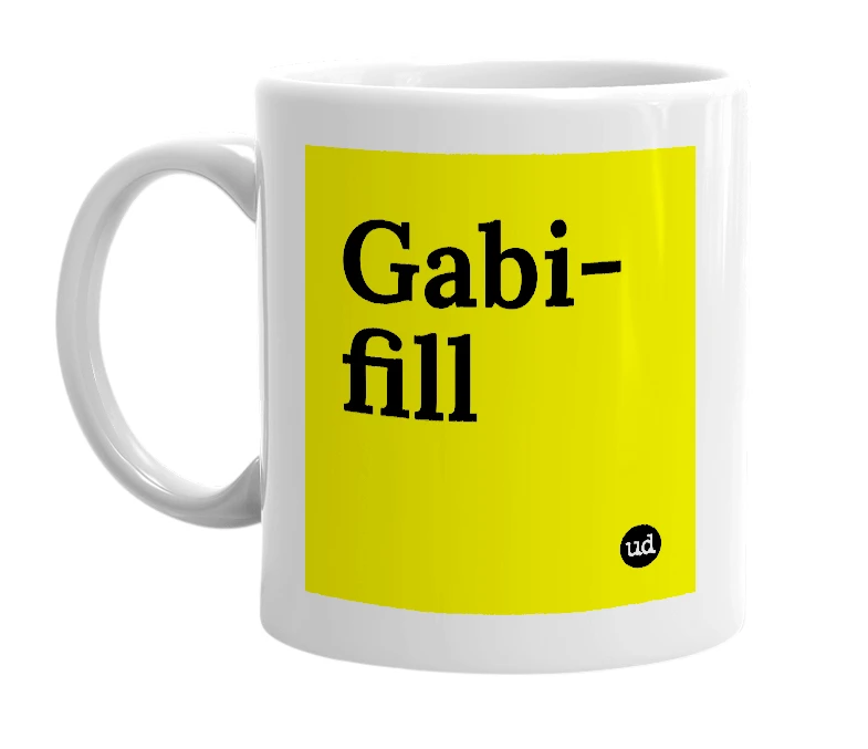 White mug with 'Gabi-fill' in bold black letters