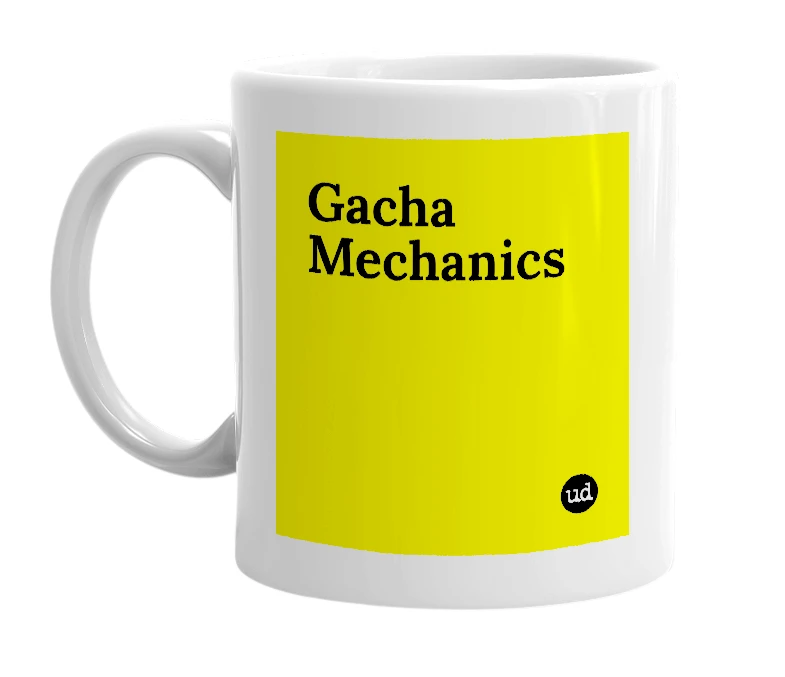 White mug with 'Gacha Mechanics' in bold black letters