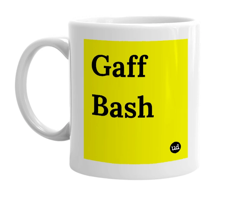 White mug with 'Gaff Bash' in bold black letters