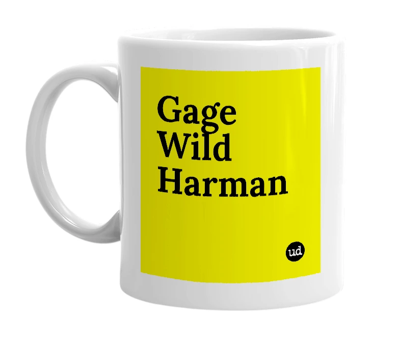 White mug with 'Gage Wild Harman' in bold black letters