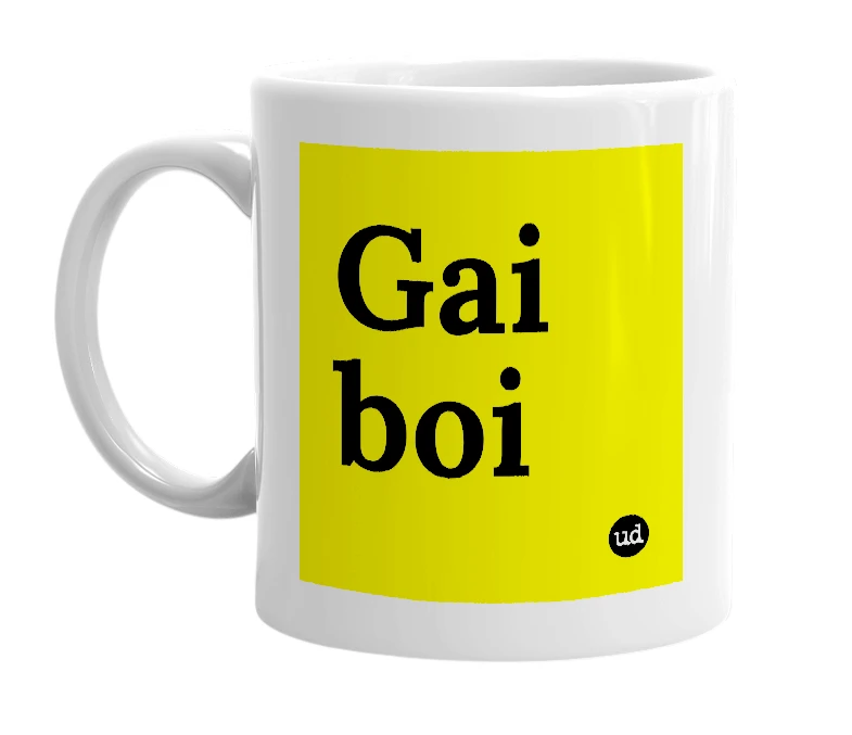 White mug with 'Gai boi' in bold black letters