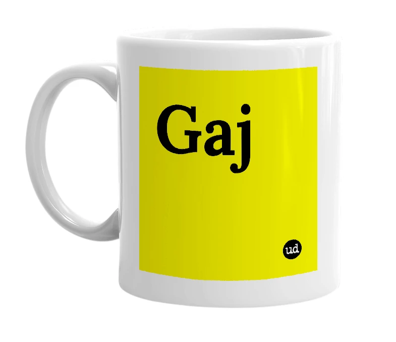 White mug with 'Gaj' in bold black letters