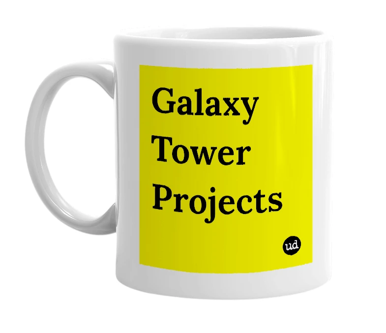 White mug with 'Galaxy Tower Projects' in bold black letters