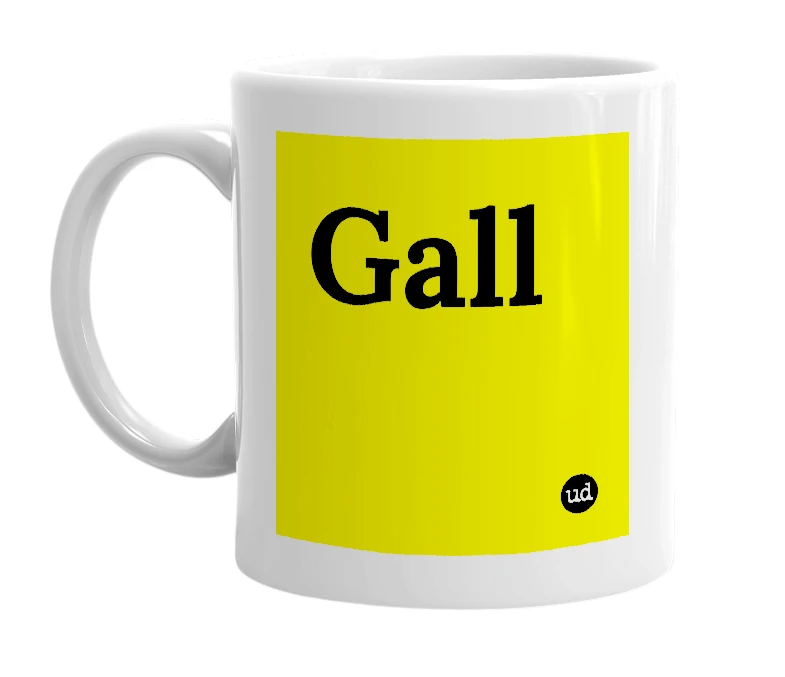 White mug with 'Gall' in bold black letters