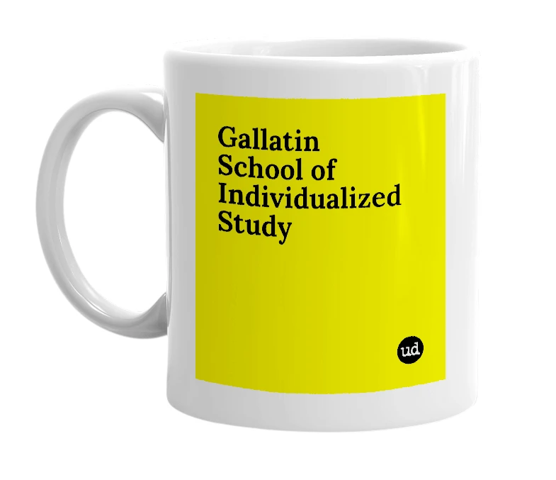 White mug with 'Gallatin School of Individualized Study' in bold black letters