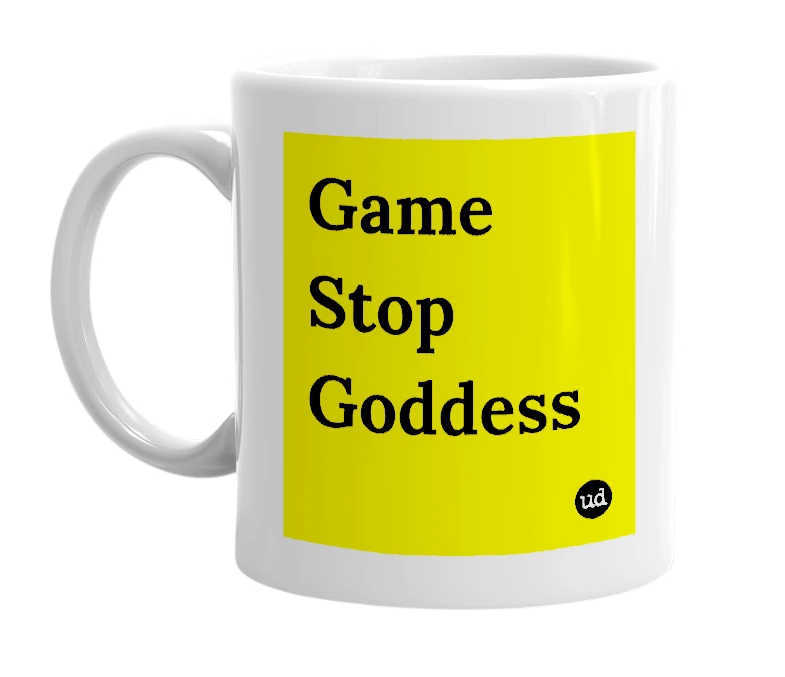 White mug with 'Game Stop Goddess' in bold black letters