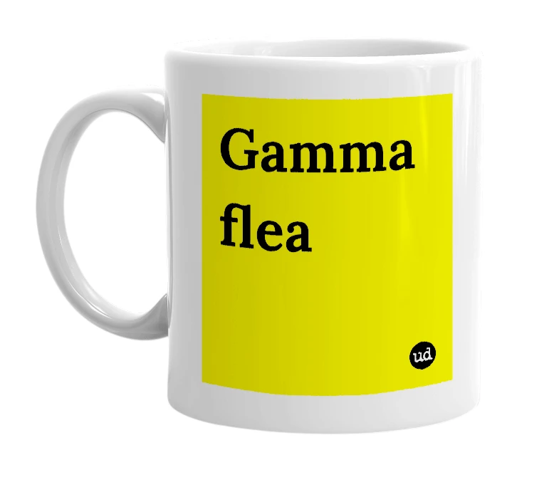 White mug with 'Gamma flea' in bold black letters