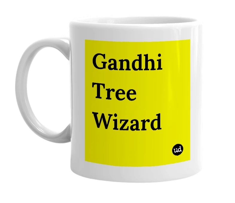 White mug with 'Gandhi Tree Wizard' in bold black letters