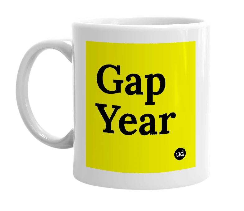 White mug with 'Gap Year' in bold black letters