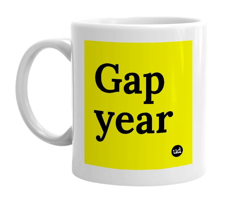 White mug with 'Gap year' in bold black letters