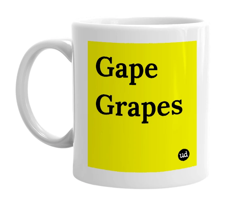 White mug with 'Gape Grapes' in bold black letters