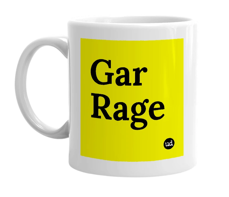 White mug with 'Gar Rage' in bold black letters