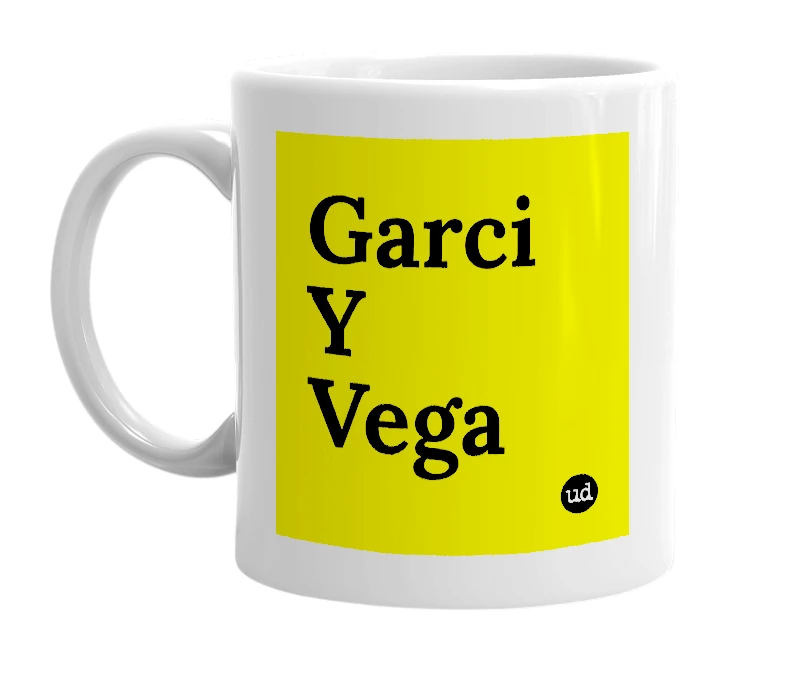 White mug with 'Garci Y Vega' in bold black letters
