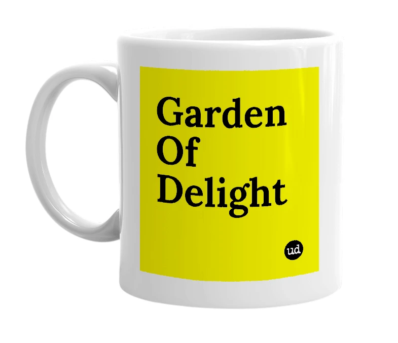 White mug with 'Garden Of Delight' in bold black letters