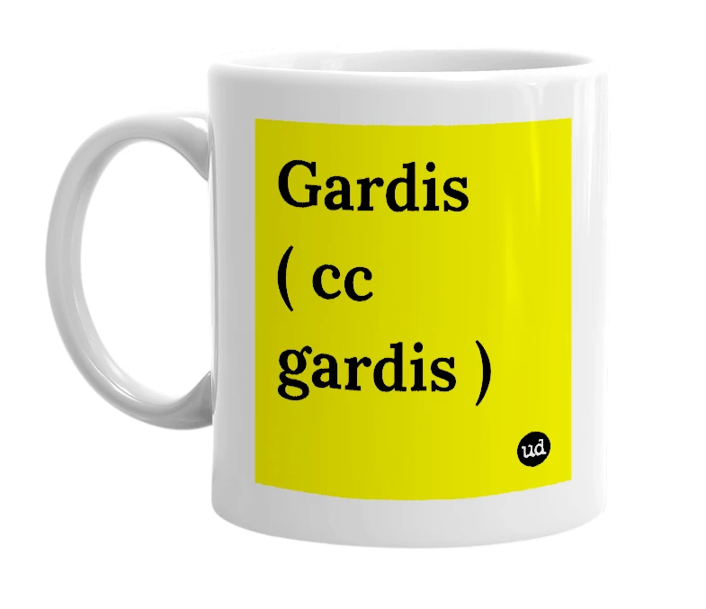 White mug with 'Gardis ( cc gardis )' in bold black letters