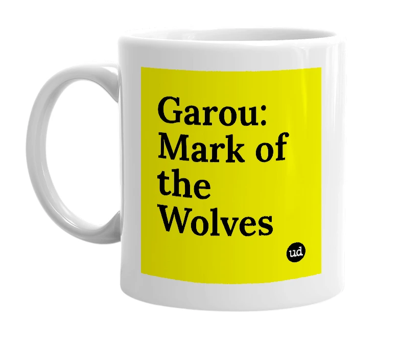 White mug with 'Garou: Mark of the Wolves' in bold black letters