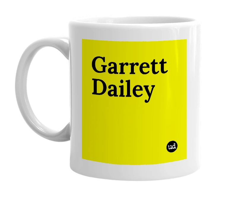 White mug with 'Garrett Dailey' in bold black letters
