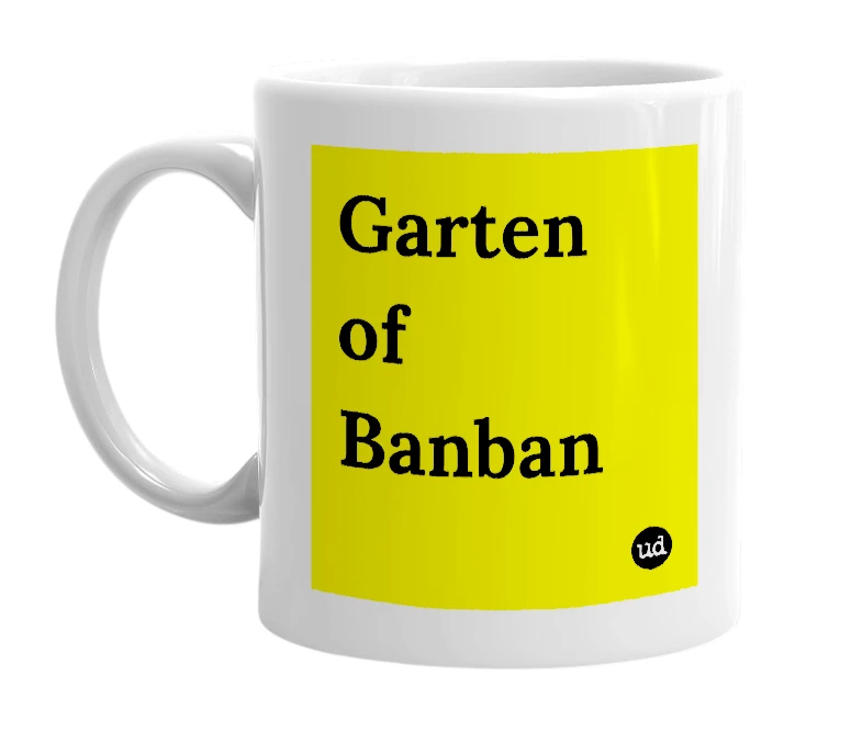 White mug with 'Garten of Banban' in bold black letters
