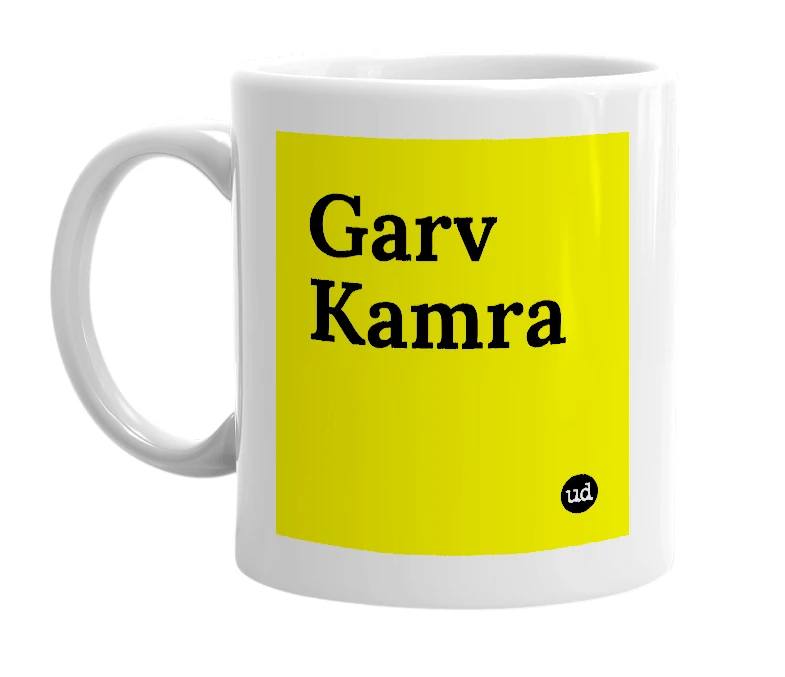 White mug with 'Garv Kamra' in bold black letters
