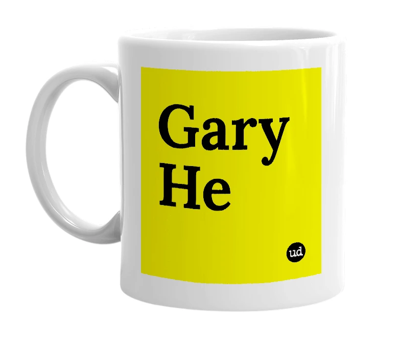 White mug with 'Gary He' in bold black letters