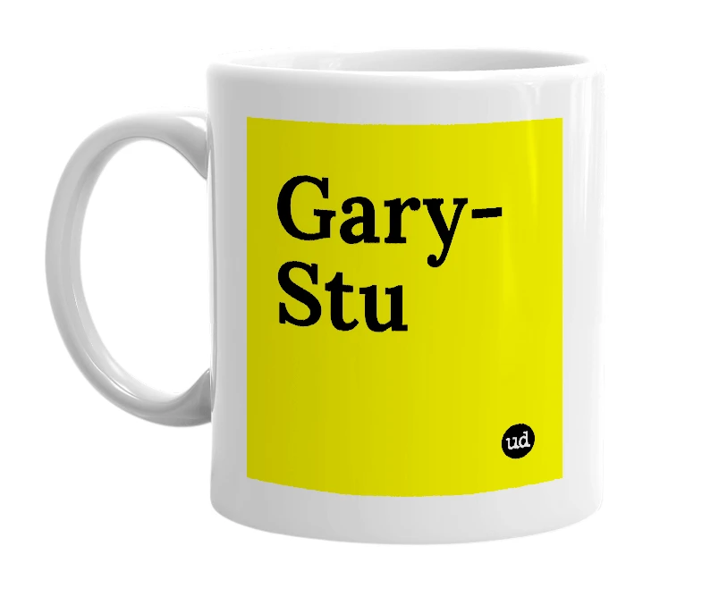 White mug with 'Gary-Stu' in bold black letters