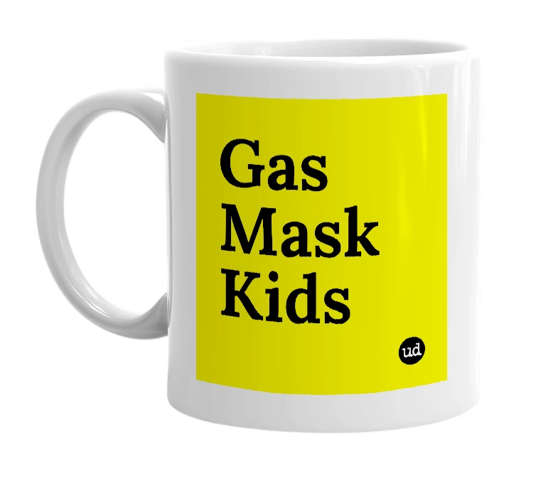 White mug with 'Gas Mask Kids' in bold black letters