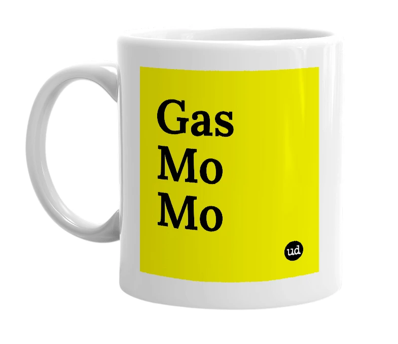 White mug with 'Gas Mo Mo' in bold black letters