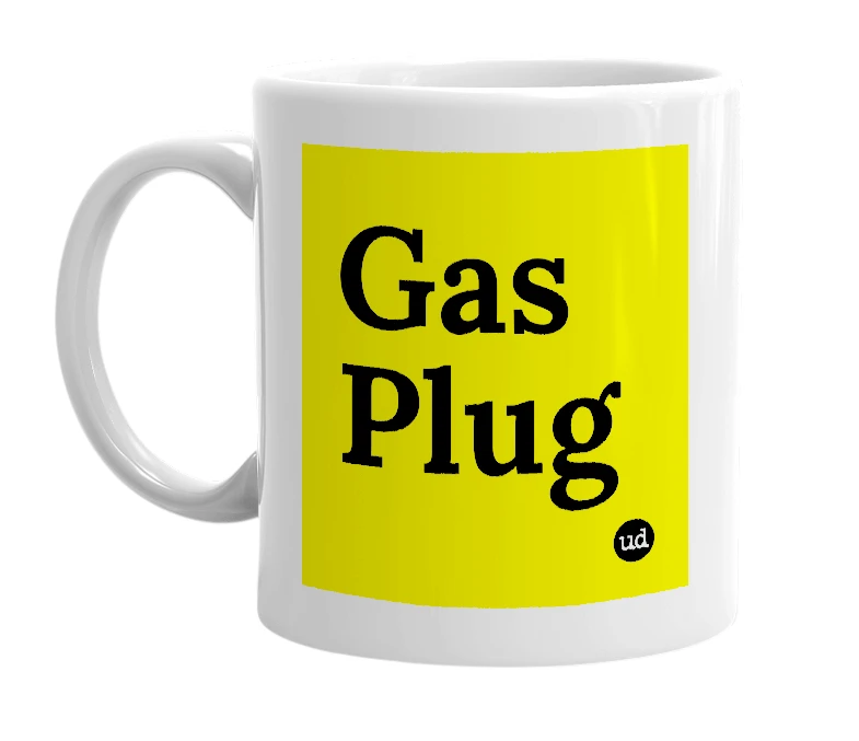 White mug with 'Gas Plug' in bold black letters