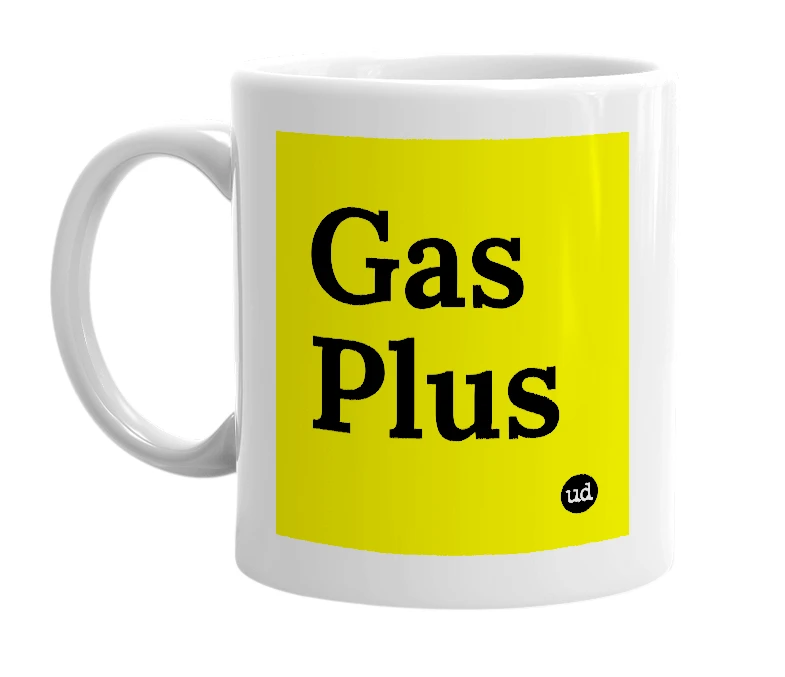 White mug with 'Gas Plus' in bold black letters