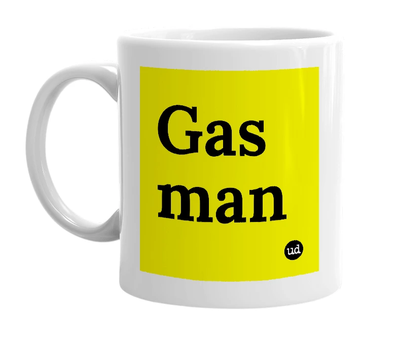 White mug with 'Gas man' in bold black letters