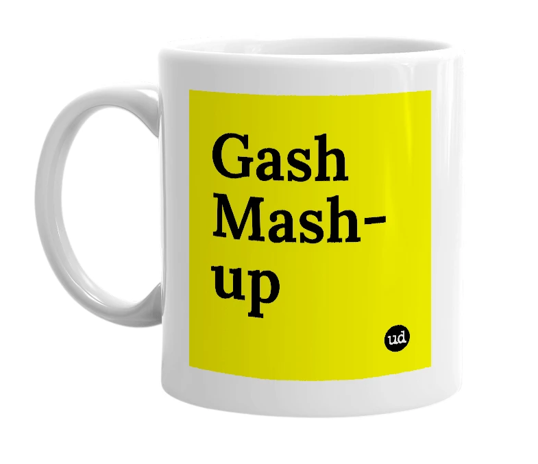 White mug with 'Gash Mash-up' in bold black letters