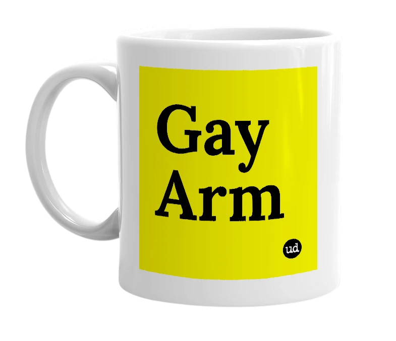 White mug with 'Gay Arm' in bold black letters