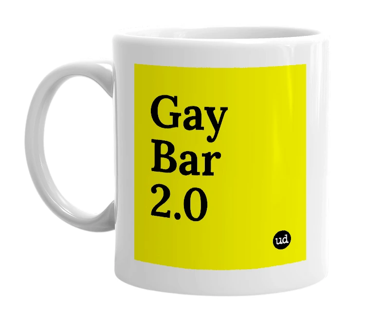 White mug with 'Gay Bar 2.0' in bold black letters