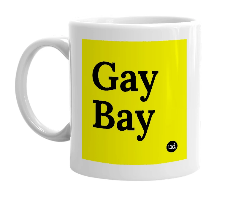 White mug with 'Gay Bay' in bold black letters