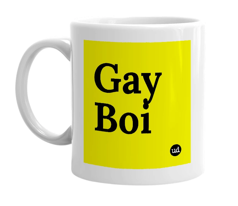 White mug with 'Gay Boi' in bold black letters